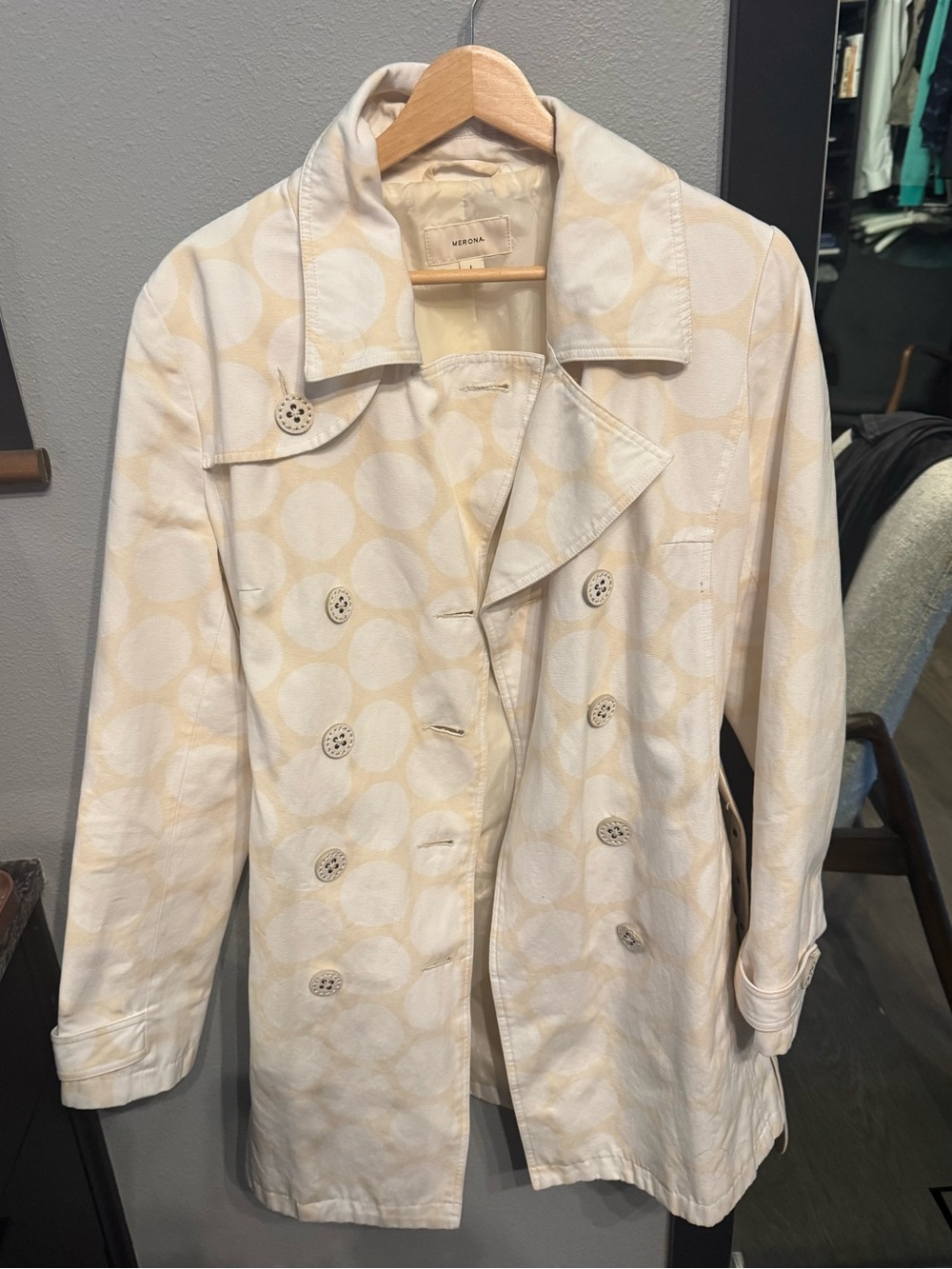 Vintage Y2K Merona Cream Polka Dot Trench Coat 🧥💖 Super cute and retro!